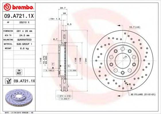 BREMBO 09A7211X гальмівний диск